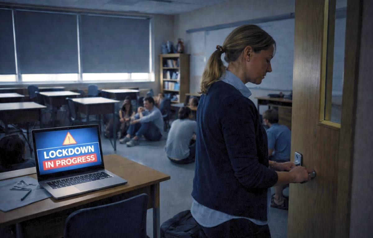 A member of staff securing a classroom during a lockdown